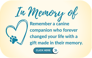 In memory of: remember a canine companion who forever changed your life with a gift made in their memory. Click here.